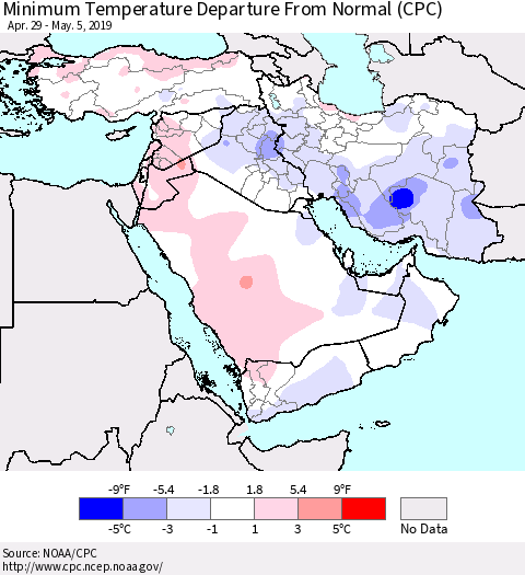 Middle East and Turkey Mean Minimum Temperature Departure from Normal (CPC) Thematic Map For 4/29/2019 - 5/5/2019