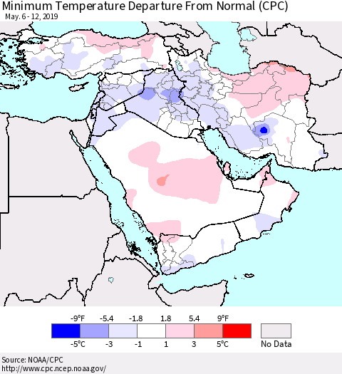 Middle East and Turkey Mean Minimum Temperature Departure from Normal (CPC) Thematic Map For 5/6/2019 - 5/12/2019