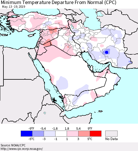 Middle East and Turkey Mean Minimum Temperature Departure from Normal (CPC) Thematic Map For 5/13/2019 - 5/19/2019