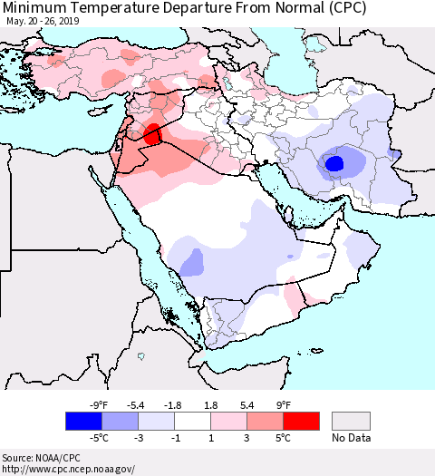 Middle East and Turkey Mean Minimum Temperature Departure from Normal (CPC) Thematic Map For 5/20/2019 - 5/26/2019