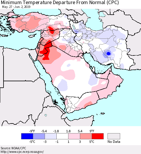 Middle East and Turkey Mean Minimum Temperature Departure from Normal (CPC) Thematic Map For 5/27/2019 - 6/2/2019