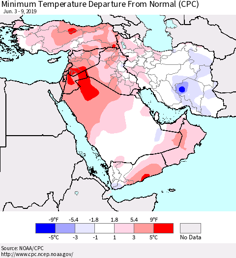 Middle East and Turkey Mean Minimum Temperature Departure from Normal (CPC) Thematic Map For 6/3/2019 - 6/9/2019