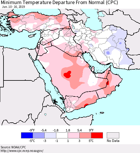 Middle East and Turkey Mean Minimum Temperature Departure from Normal (CPC) Thematic Map For 6/10/2019 - 6/16/2019
