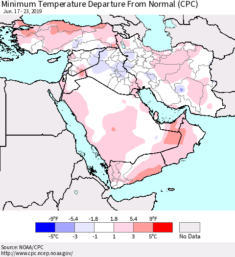 Middle East and Turkey Mean Minimum Temperature Departure from Normal (CPC) Thematic Map For 6/17/2019 - 6/23/2019