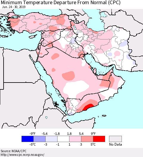 Middle East and Turkey Mean Minimum Temperature Departure from Normal (CPC) Thematic Map For 6/24/2019 - 6/30/2019