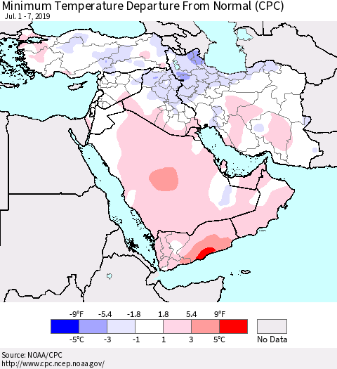 Middle East and Turkey Mean Minimum Temperature Departure from Normal (CPC) Thematic Map For 7/1/2019 - 7/7/2019