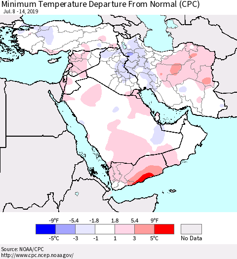 Middle East and Turkey Mean Minimum Temperature Departure from Normal (CPC) Thematic Map For 7/8/2019 - 7/14/2019