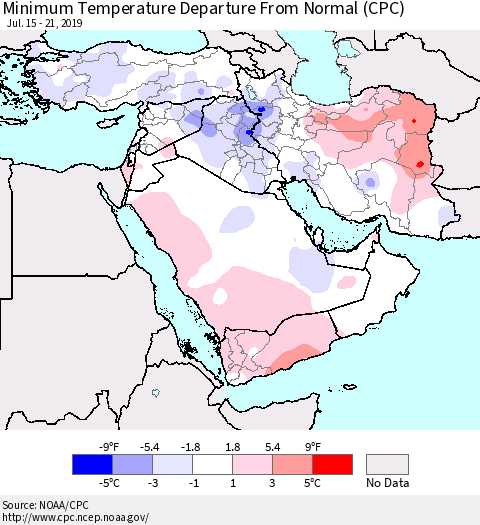 Middle East and Turkey Mean Minimum Temperature Departure from Normal (CPC) Thematic Map For 7/15/2019 - 7/21/2019