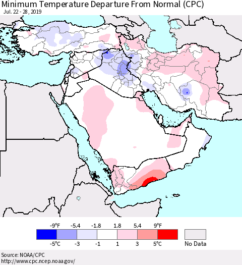 Middle East and Turkey Mean Minimum Temperature Departure from Normal (CPC) Thematic Map For 7/22/2019 - 7/28/2019