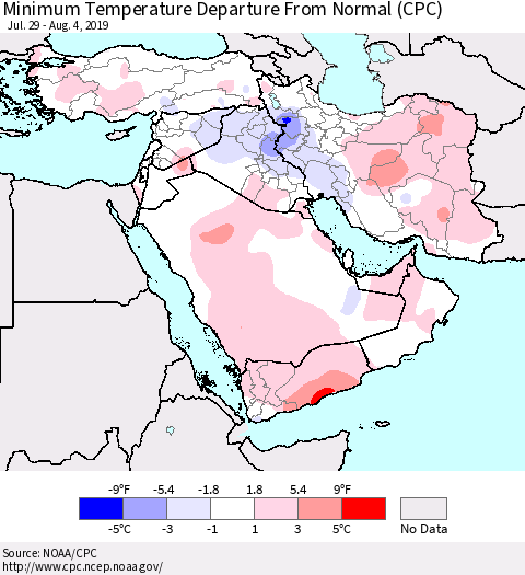 Middle East and Turkey Mean Minimum Temperature Departure from Normal (CPC) Thematic Map For 7/29/2019 - 8/4/2019