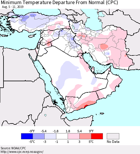 Middle East and Turkey Mean Minimum Temperature Departure from Normal (CPC) Thematic Map For 8/5/2019 - 8/11/2019