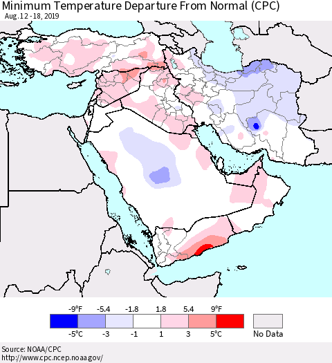 Middle East and Turkey Mean Minimum Temperature Departure from Normal (CPC) Thematic Map For 8/12/2019 - 8/18/2019