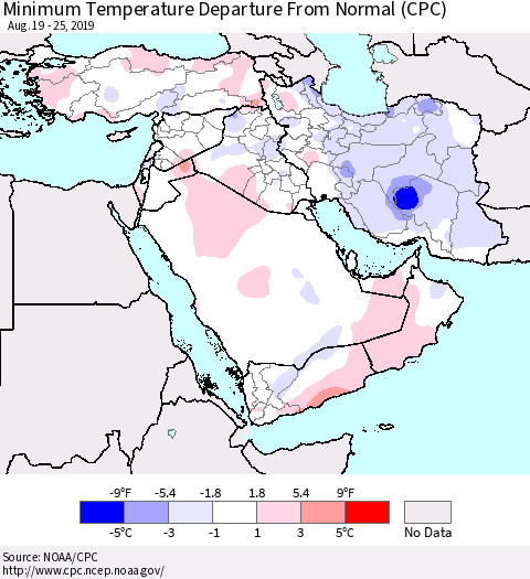 Middle East and Turkey Mean Minimum Temperature Departure from Normal (CPC) Thematic Map For 8/19/2019 - 8/25/2019