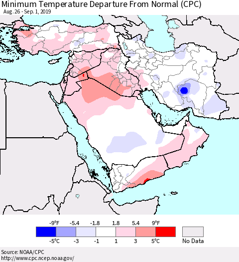 Middle East and Turkey Mean Minimum Temperature Departure from Normal (CPC) Thematic Map For 8/26/2019 - 9/1/2019