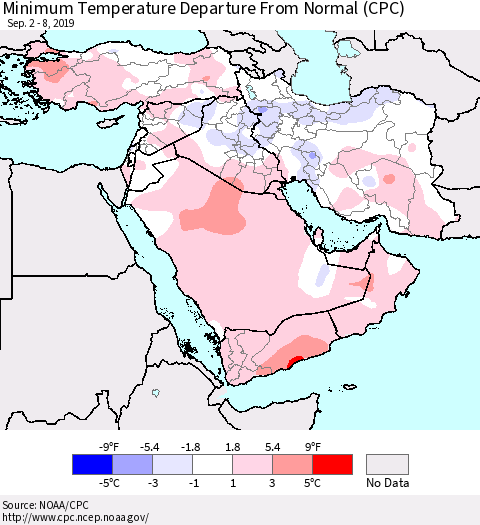 Middle East and Turkey Mean Minimum Temperature Departure from Normal (CPC) Thematic Map For 9/2/2019 - 9/8/2019