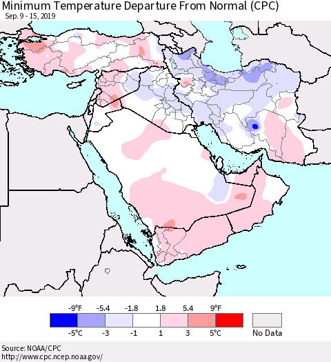 Middle East and Turkey Mean Minimum Temperature Departure from Normal (CPC) Thematic Map For 9/9/2019 - 9/15/2019
