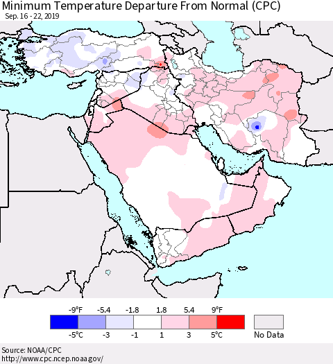 Middle East and Turkey Mean Minimum Temperature Departure from Normal (CPC) Thematic Map For 9/16/2019 - 9/22/2019