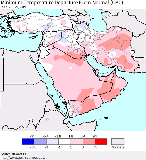 Middle East and Turkey Mean Minimum Temperature Departure from Normal (CPC) Thematic Map For 9/23/2019 - 9/29/2019