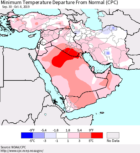 Middle East and Turkey Mean Minimum Temperature Departure from Normal (CPC) Thematic Map For 9/30/2019 - 10/6/2019