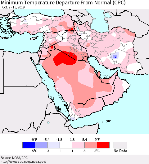 Middle East and Turkey Mean Minimum Temperature Departure from Normal (CPC) Thematic Map For 10/7/2019 - 10/13/2019