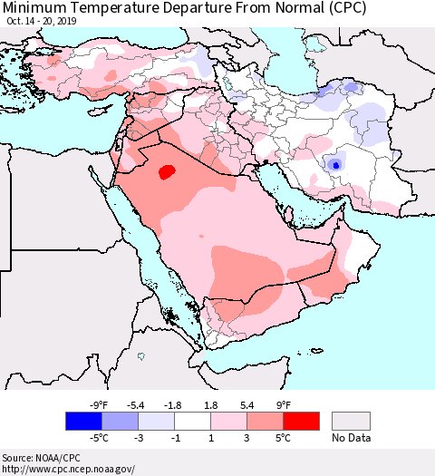 Middle East and Turkey Mean Minimum Temperature Departure from Normal (CPC) Thematic Map For 10/14/2019 - 10/20/2019