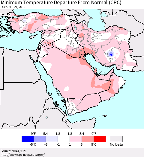 Middle East and Turkey Mean Minimum Temperature Departure from Normal (CPC) Thematic Map For 10/21/2019 - 10/27/2019