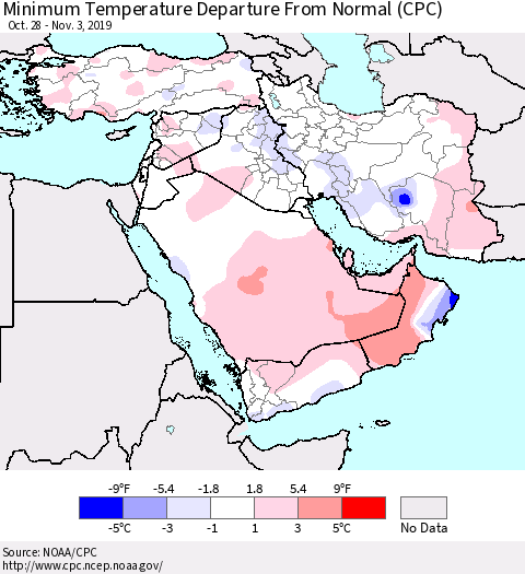 Middle East and Turkey Mean Minimum Temperature Departure from Normal (CPC) Thematic Map For 10/28/2019 - 11/3/2019