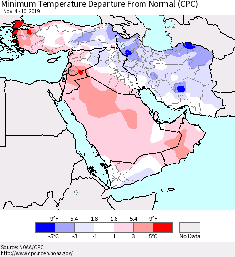 Middle East and Turkey Mean Minimum Temperature Departure from Normal (CPC) Thematic Map For 11/4/2019 - 11/10/2019