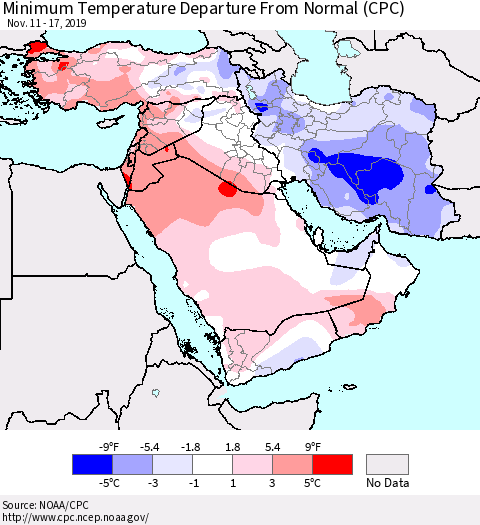 Middle East and Turkey Mean Minimum Temperature Departure from Normal (CPC) Thematic Map For 11/11/2019 - 11/17/2019