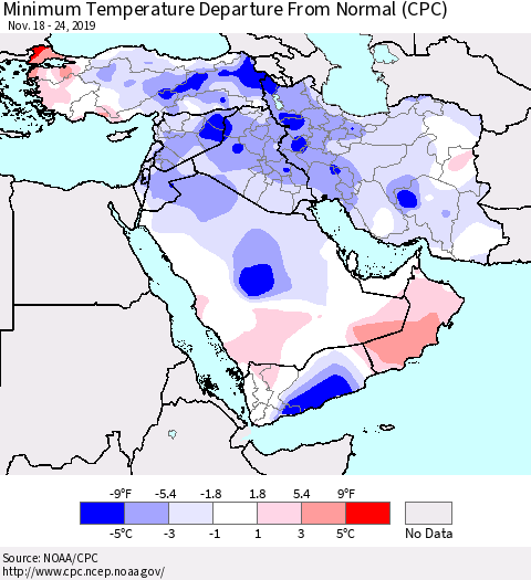 Middle East and Turkey Mean Minimum Temperature Departure from Normal (CPC) Thematic Map For 11/18/2019 - 11/24/2019