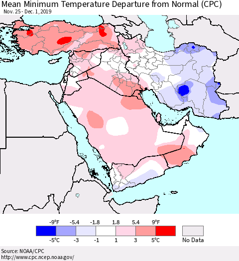 Middle East and Turkey Mean Minimum Temperature Departure from Normal (CPC) Thematic Map For 11/25/2019 - 12/1/2019