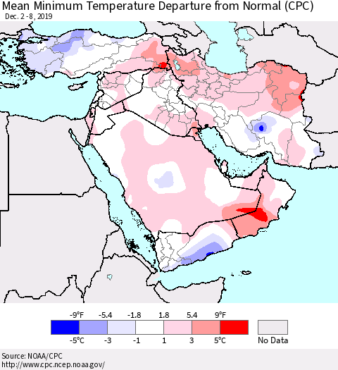 Middle East and Turkey Mean Minimum Temperature Departure from Normal (CPC) Thematic Map For 12/2/2019 - 12/8/2019