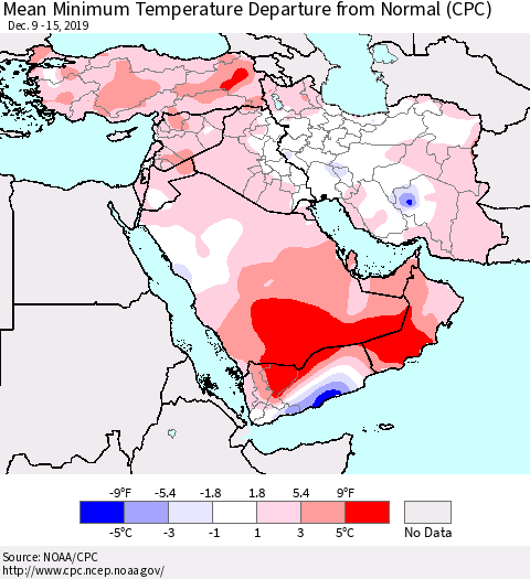Middle East and Turkey Mean Minimum Temperature Departure from Normal (CPC) Thematic Map For 12/9/2019 - 12/15/2019