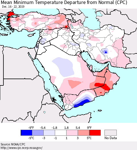 Middle East and Turkey Mean Minimum Temperature Departure from Normal (CPC) Thematic Map For 12/16/2019 - 12/22/2019