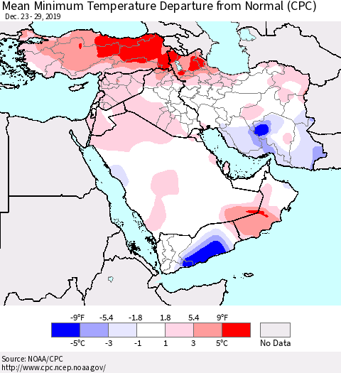 Middle East and Turkey Mean Minimum Temperature Departure from Normal (CPC) Thematic Map For 12/23/2019 - 12/29/2019