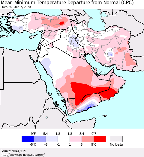 Middle East and Turkey Mean Minimum Temperature Departure from Normal (CPC) Thematic Map For 12/30/2019 - 1/5/2020