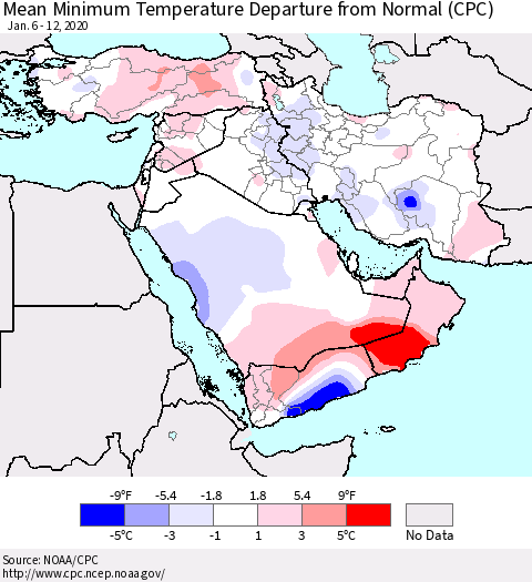 Middle East and Turkey Mean Minimum Temperature Departure from Normal (CPC) Thematic Map For 1/6/2020 - 1/12/2020