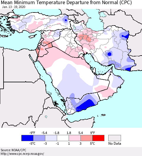 Middle East and Turkey Mean Minimum Temperature Departure from Normal (CPC) Thematic Map For 1/13/2020 - 1/19/2020