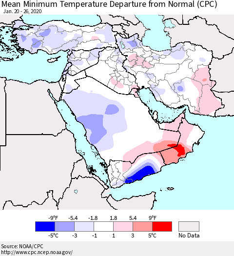 Middle East and Turkey Mean Minimum Temperature Departure from Normal (CPC) Thematic Map For 1/20/2020 - 1/26/2020