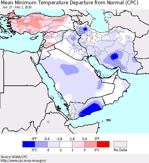 Middle East and Turkey Mean Minimum Temperature Departure from Normal (CPC) Thematic Map For 1/27/2020 - 2/2/2020