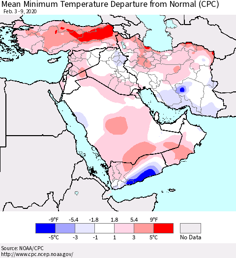 Middle East and Turkey Mean Minimum Temperature Departure from Normal (CPC) Thematic Map For 2/3/2020 - 2/9/2020