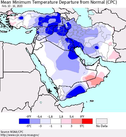 Middle East and Turkey Mean Minimum Temperature Departure from Normal (CPC) Thematic Map For 2/10/2020 - 2/16/2020
