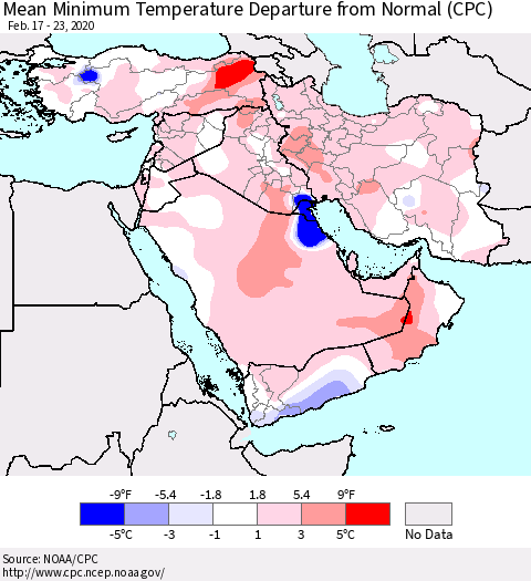 Middle East and Turkey Mean Minimum Temperature Departure from Normal (CPC) Thematic Map For 2/17/2020 - 2/23/2020