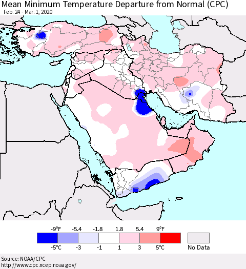 Middle East and Turkey Mean Minimum Temperature Departure from Normal (CPC) Thematic Map For 2/24/2020 - 3/1/2020