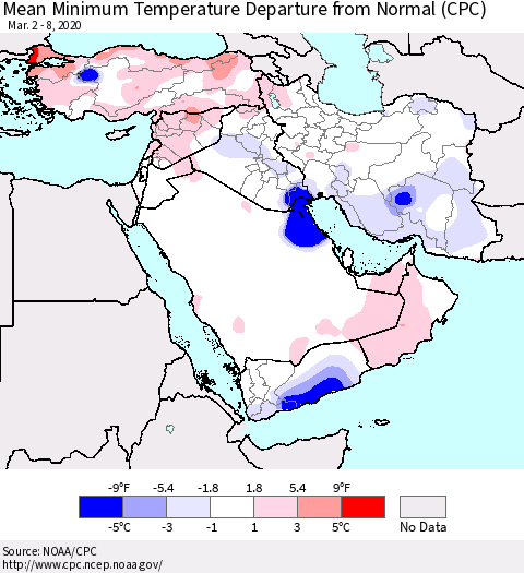 Middle East and Turkey Mean Minimum Temperature Departure from Normal (CPC) Thematic Map For 3/2/2020 - 3/8/2020