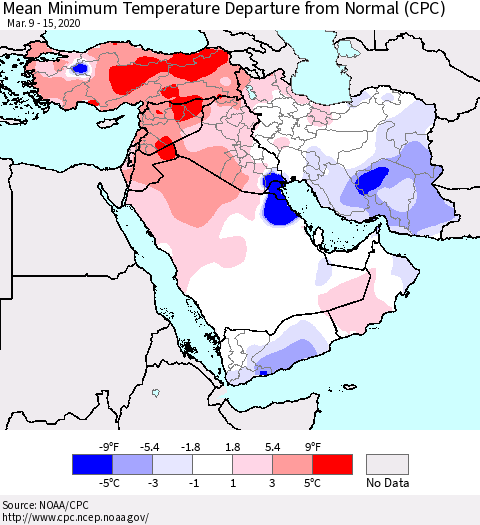 Middle East and Turkey Mean Minimum Temperature Departure from Normal (CPC) Thematic Map For 3/9/2020 - 3/15/2020