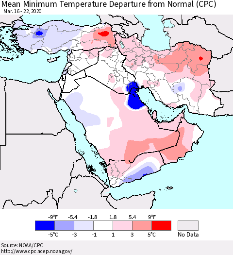 Middle East and Turkey Mean Minimum Temperature Departure from Normal (CPC) Thematic Map For 3/16/2020 - 3/22/2020
