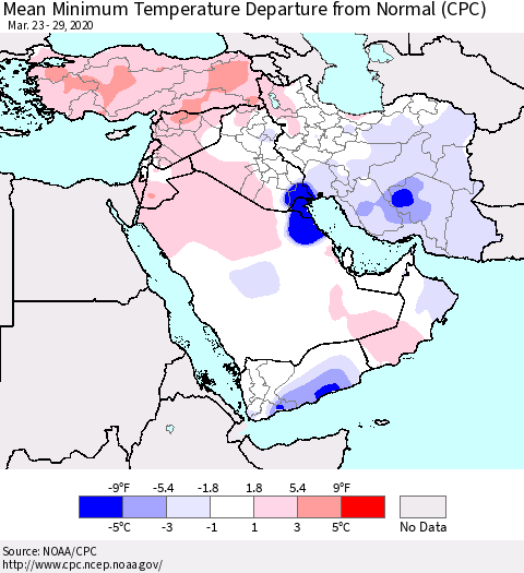 Middle East and Turkey Mean Minimum Temperature Departure from Normal (CPC) Thematic Map For 3/23/2020 - 3/29/2020