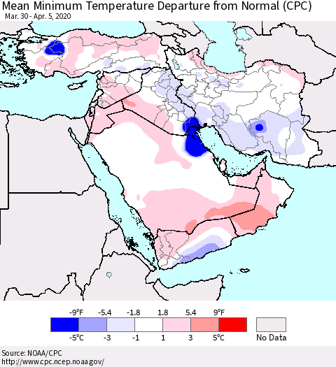 Middle East and Turkey Mean Minimum Temperature Departure from Normal (CPC) Thematic Map For 3/30/2020 - 4/5/2020
