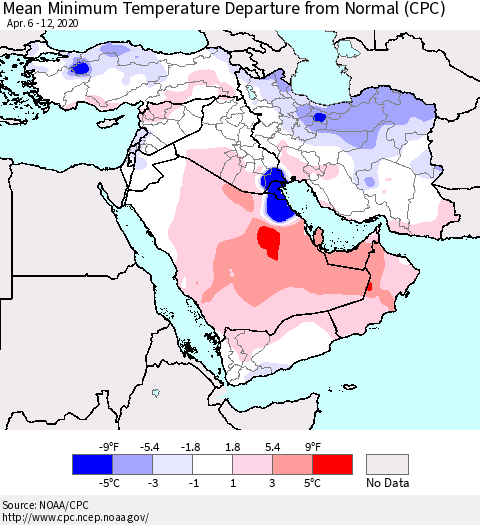 Middle East and Turkey Mean Minimum Temperature Departure from Normal (CPC) Thematic Map For 4/6/2020 - 4/12/2020